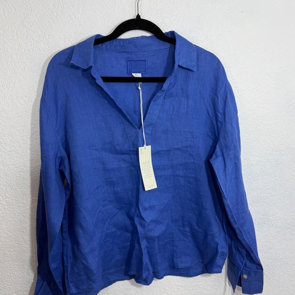 Calypso St. Barth 100% Linen Blue V Neck Long Sleeve Top Size L NWT